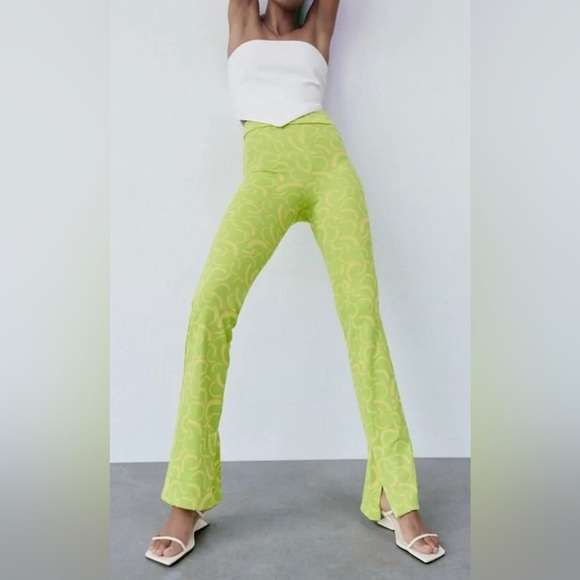 Zara| Neon Green Marbled 70’s Style Wide Leg Pull On Pants, Flare w Slit•••NWT - Picture 2 of 16